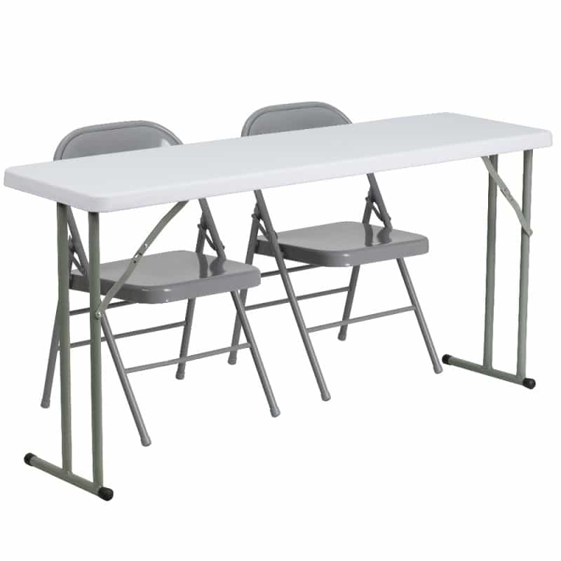 Kathryn 5-Foot Plastic Folding Training Table Set With 2 Gray Metal Folding Chairs