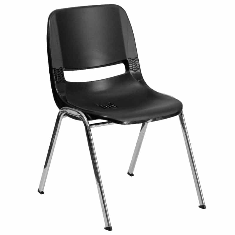 Hercules Series 661 Lb. Capacity Black Ergonomic Shell Stack Chair With Chrome Frame And 16'' Seat Height