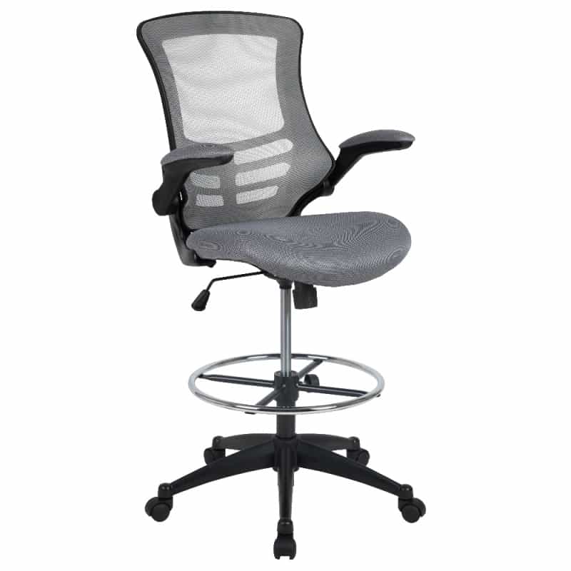 Kelista Mid-Back Dark Gray Mesh Ergonomic Drafting Chair With Adjustable Foot Ring And Flip-Up Arms