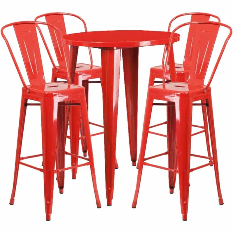 Callum Commercial Grade 30" Round Red Metal Indoor-Outdoor Bar Table Set With 4 Cafe Stools