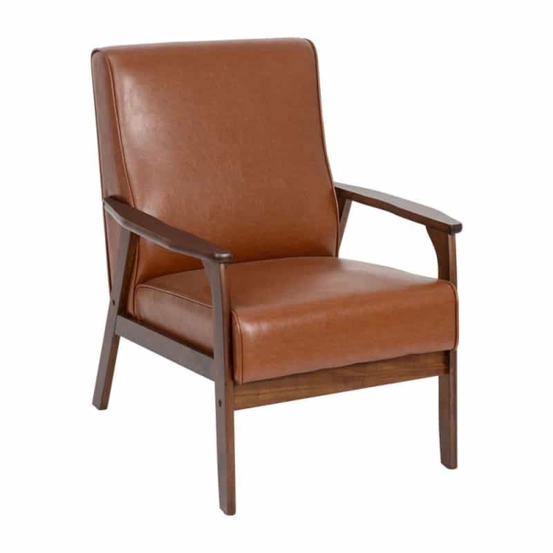 Langston Commercial Grade Leathersoft Upholstered Mid Century Modern Arm Chair With Walnut Finished Wooden Frame And Arms In Cognac