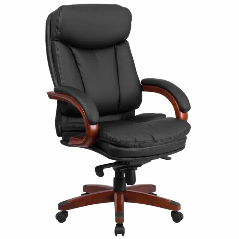 Hansel High Back Black Leathersoft Executive Ergonomic Office Chair With Synchro-Tilt Mechanism, Mahogany Wood Base And Arms