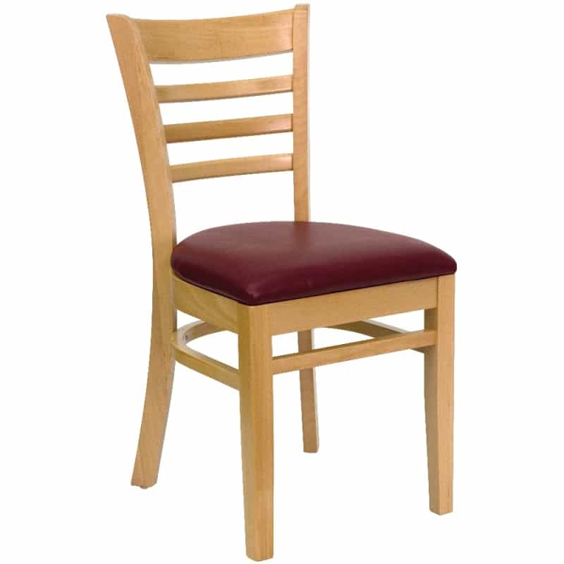 Hercules Series Ladder Back Natural Wood Restaurant Chair - Burgundy Vinyl Seat