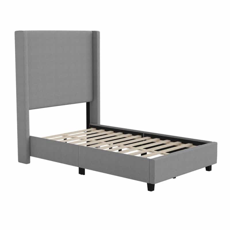 Quinn Twin Upholstered Platform Bed With Channel Stitched Wingback Headboard, Mattress Foundation With Slatted Supports, No Box Spring Needed, Gray
