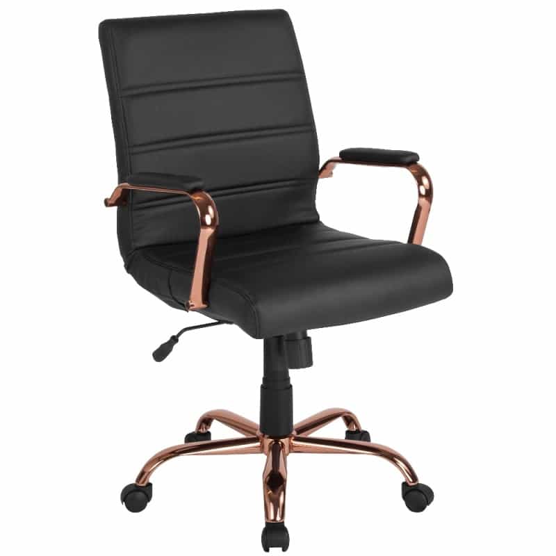 Whitney Mid-Back Black Leathersoft Executive Swivel Office Chair With Rose Gold Frame And Arms