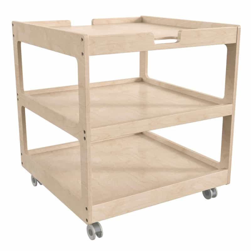 Bright Beginnings Commercial 3 Shelf Square Space Saving Wooden Mobile Classroom Storage Cart, Locking Caster Wheels, Kid Friendly Design, Natural