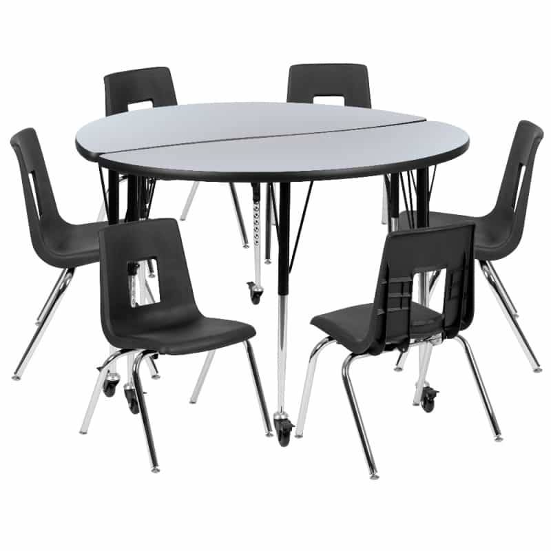 Emmy Mobile 47.5" Circle Wave Flexible Laminate Activity Table Set With 16" Student Stack Chairs, Grey/Black