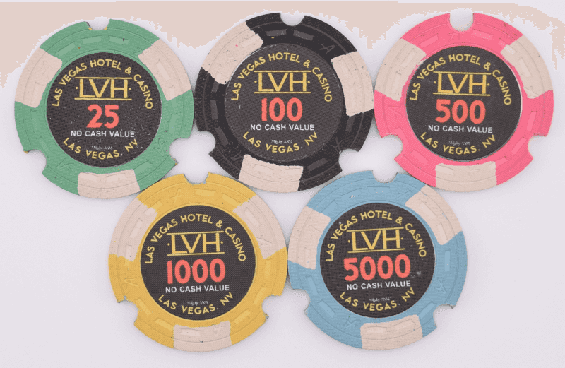 Lvh - Las Vegas Hotel Casino Las Vegas Nevada Set Of 5 25-100-500-1000-5000 Ncv Chips 2013