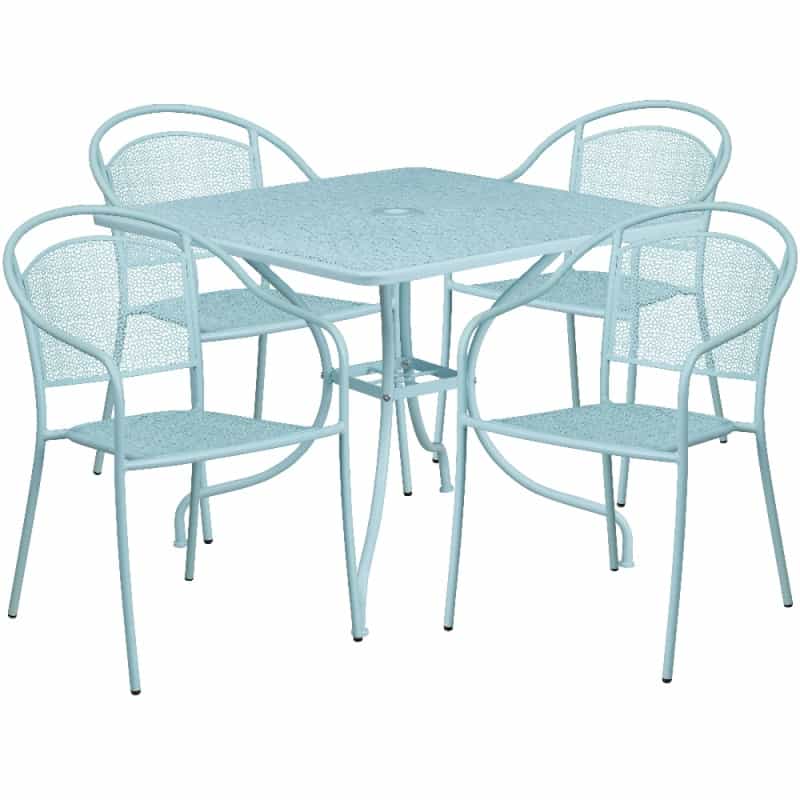Oia Commercial Grade 35.5" Square Sky Blue Indoor-Outdoor Steel Patio Table Set With 4 Round Back Chairs
