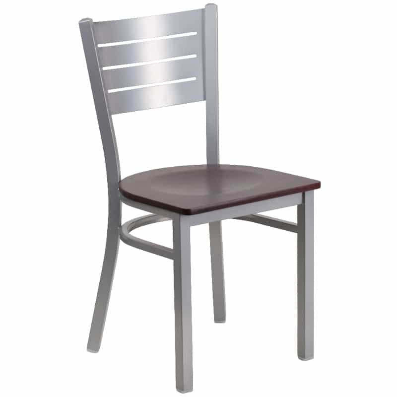 Hercules Series Silver Slat Back Metal Restaurant Chair - Mahogany Wood Seat