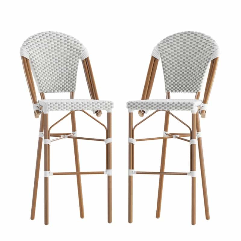 Lourdes Set Of 2 Stackable Indoor/Outdoor Bistro 30" High Barstools, Commercial Grade, White/Gray And Bamboo Finish