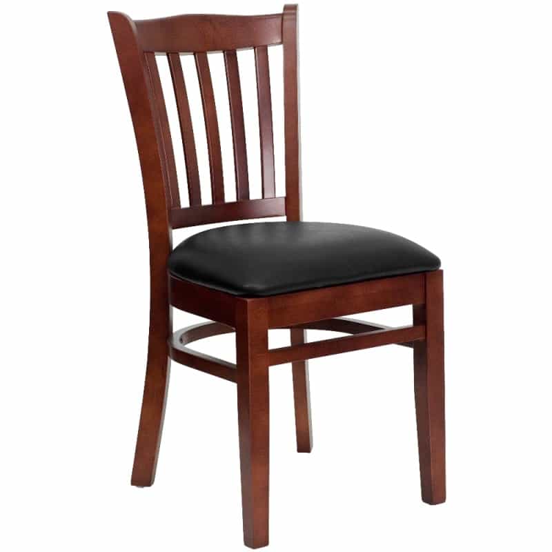 Hercules Series Vertical Slat Back Mahogany Wood Restaurant Chair - Black Vinyl Seat