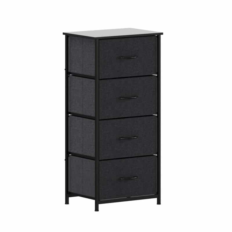 Harris 4 Drawer Vertical Storage Dresser With Black Cast Iron Frame And Wood Top And Black Easy Pull Fabric Drawers With Wooden Handles