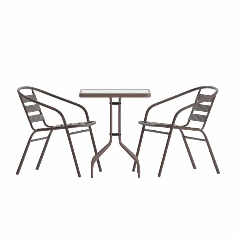 Lila 23.5'' Square Glass Top Metal Table With 2 Bronze Aluminum Slat Stack Chairs