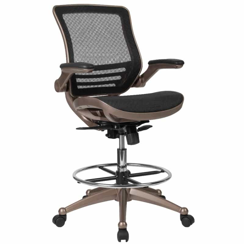 Waylon Mid-Back Transparent Black Mesh Drafting Chair With Melrose Gold Frame And Flip-Up Arms
