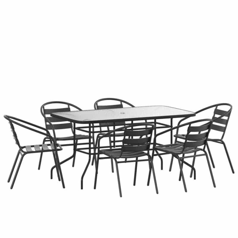 Lila 7 Piece Patio Dining Set - 55" Tempered Glass Patio Table With Umbrella Hole, 6 Black Metal Aluminum Slat Stack Chairs