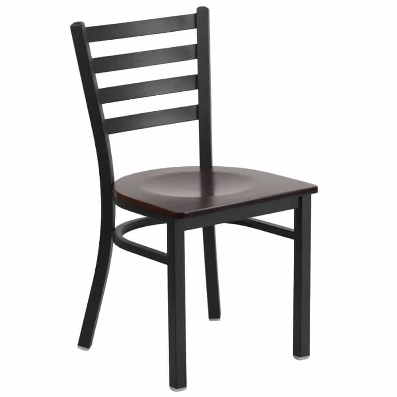 Hercules Series Black Ladder Back Metal Restaurant Chair - Walnut Wood Seat