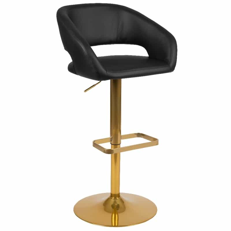 Erik Contemporary Black Vinyl Adjustable Height Barstool With Rounded Mid-Back And Gold Base