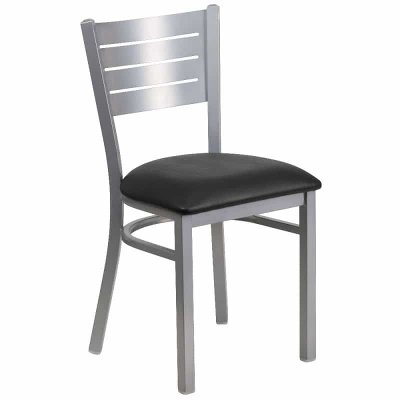 Hercules Series Silver Slat Back Metal Restaurant Chair - Black Vinyl Seat