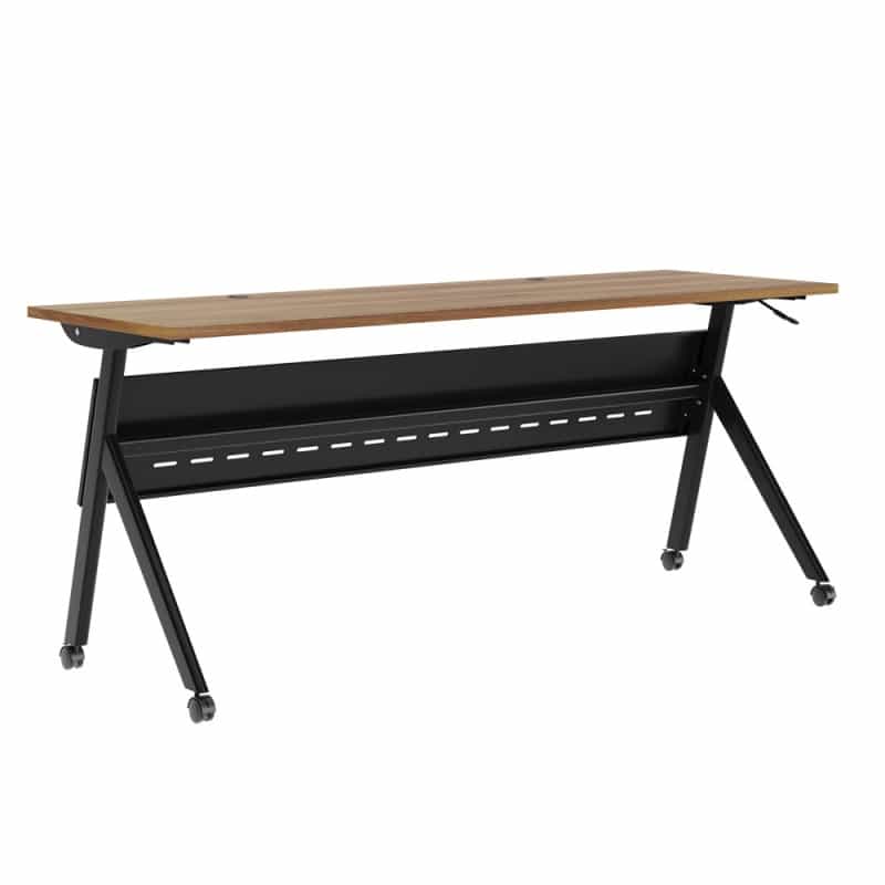 Davis Commercial Grade 72" X 24" Heavy-Duty Nesting Flip Training Table With Y-Legs, Modesty Panel, 1" Thick Walnut Tabletop, And Black Steel Frame