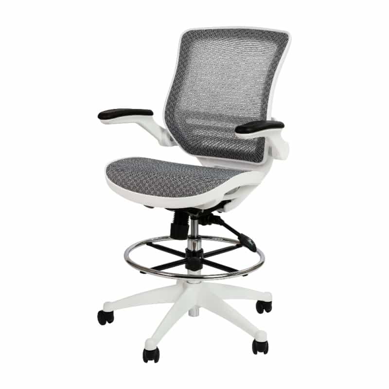 Waylon Mid-Back Transparent Gray Mesh Drafting Chair With White Frame And Flip-Up Arms