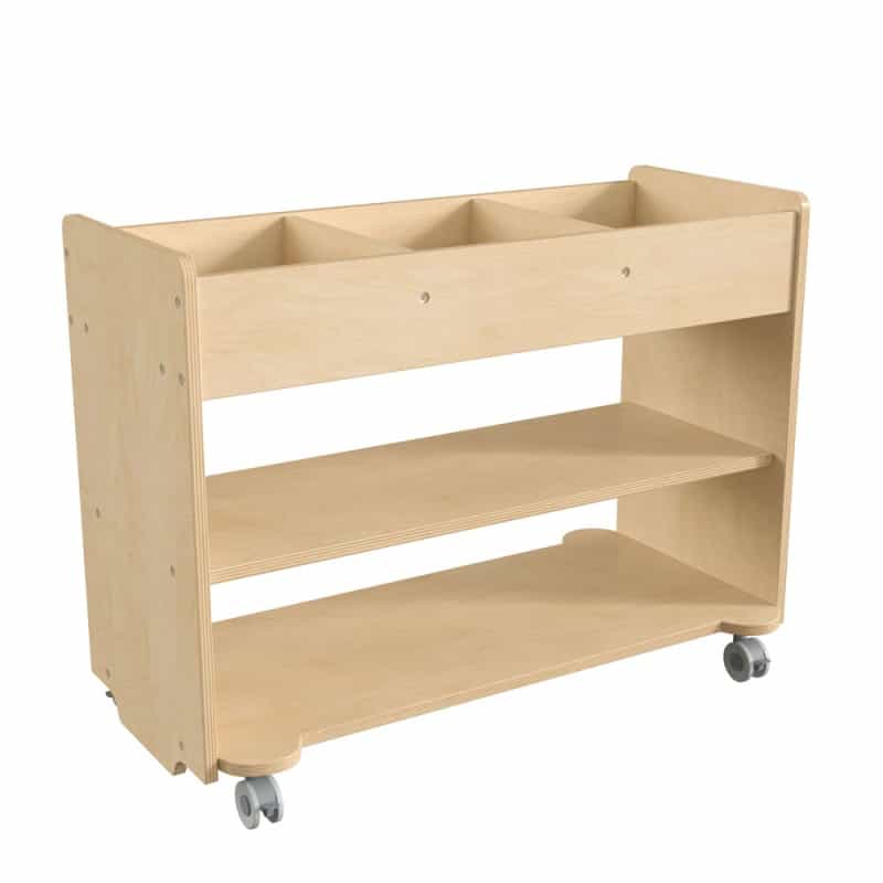 Bright Beginnings Commercial Wooden Mobile Storage Cart With 3 Top Storage Cubbies, 2 Lower Shelves And Locking Caster Wheels, Natural