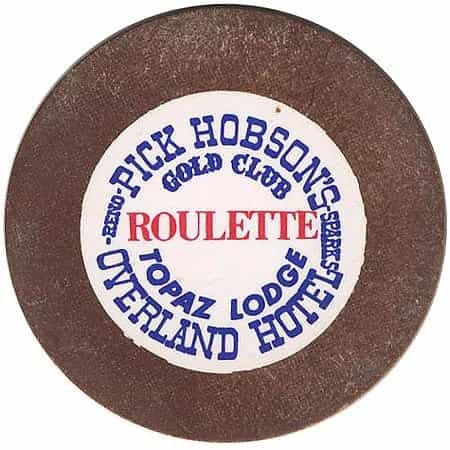 Overland Hotel Casino Pick Hobson's Reno Nevada Brown Roulette Chip 1975