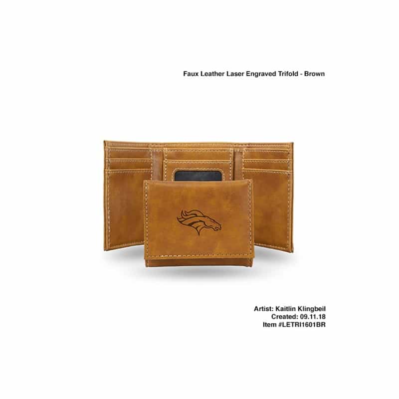 Broncos Brown Faux Leather Laser Engraved Trifold With Black Logo