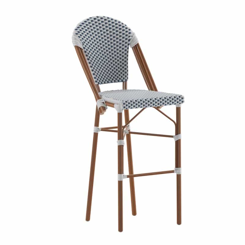 Lourdes Stackable Indoor/Outdoor Bistro 30" High Barstool, Commercial Grade, White/Navy And Bamboo Finish