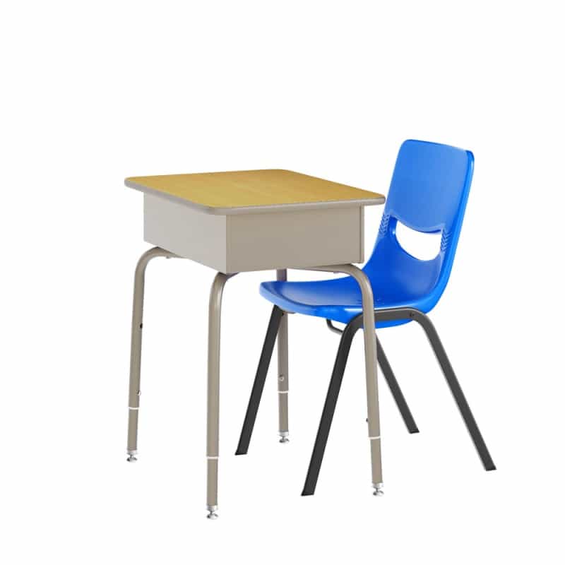 Hercules Student Desk With Open Front Metal Book Box, Maple Desktop, And Silver Frame And Navy Heavy-Duty Flex Comfort Classroom Stack Chair