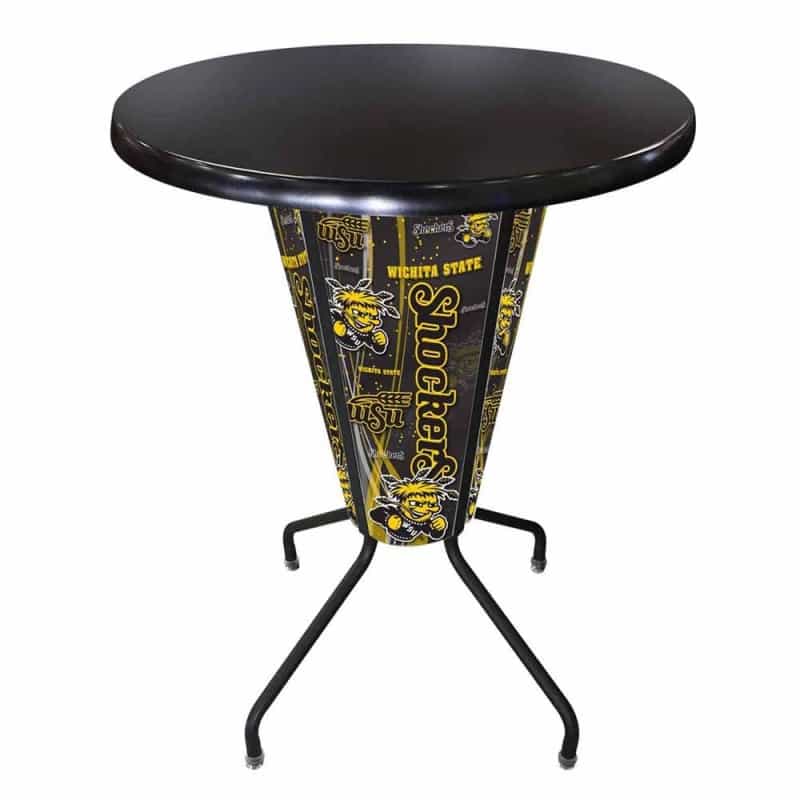 L218 Wichita State University 42" Tall - 36" Indoor/Outdoor Black Steel Top Lighted Pub Table With Black Wrinkle Finish