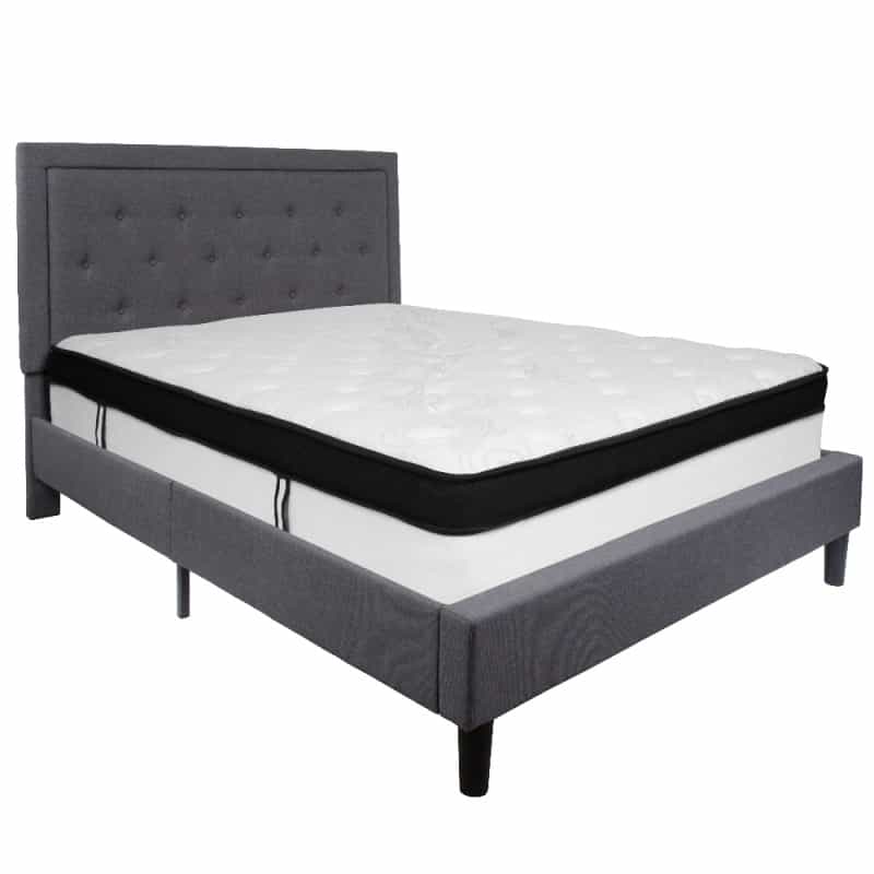 Roxbury Queen Size Tufted Upholstered Platform Bed In Dark Gray Fabric With Memory Foam Mattress