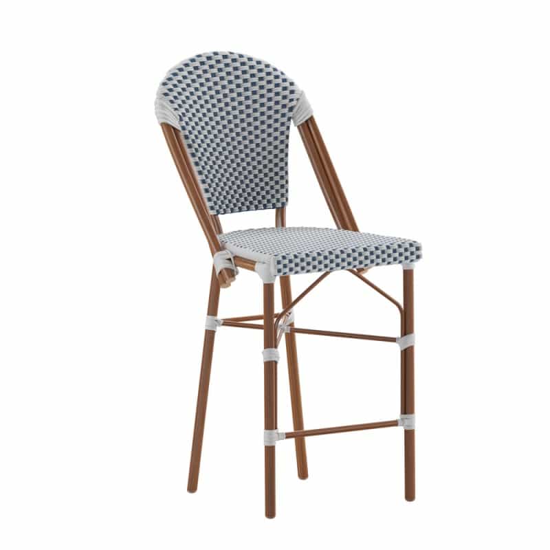 Lourdes Stackable Indoor/Outdoor Bistro 26" High Counter Height Stool, Commercial Grade, White/Navy And Bamboo Finish