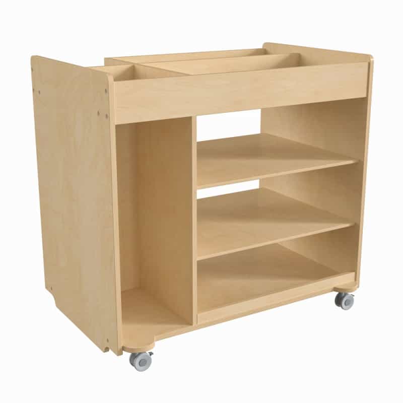 Bright Beginnings Commercial Wooden Mobile Storage Cart With Space Saving Vertical And Horizontal Storage Compartments, Locking Caster Wheels, Natural