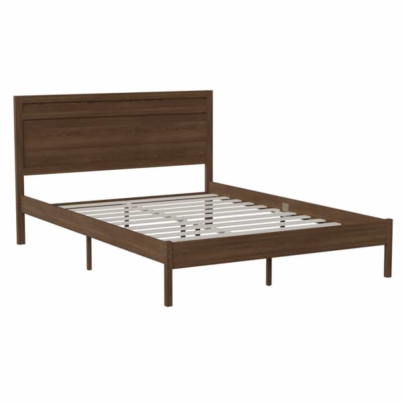 Kingston Queen Size Solid Wood Platform Bed With Wooden Slats And Headboard, No Box Spring Needed, Brown