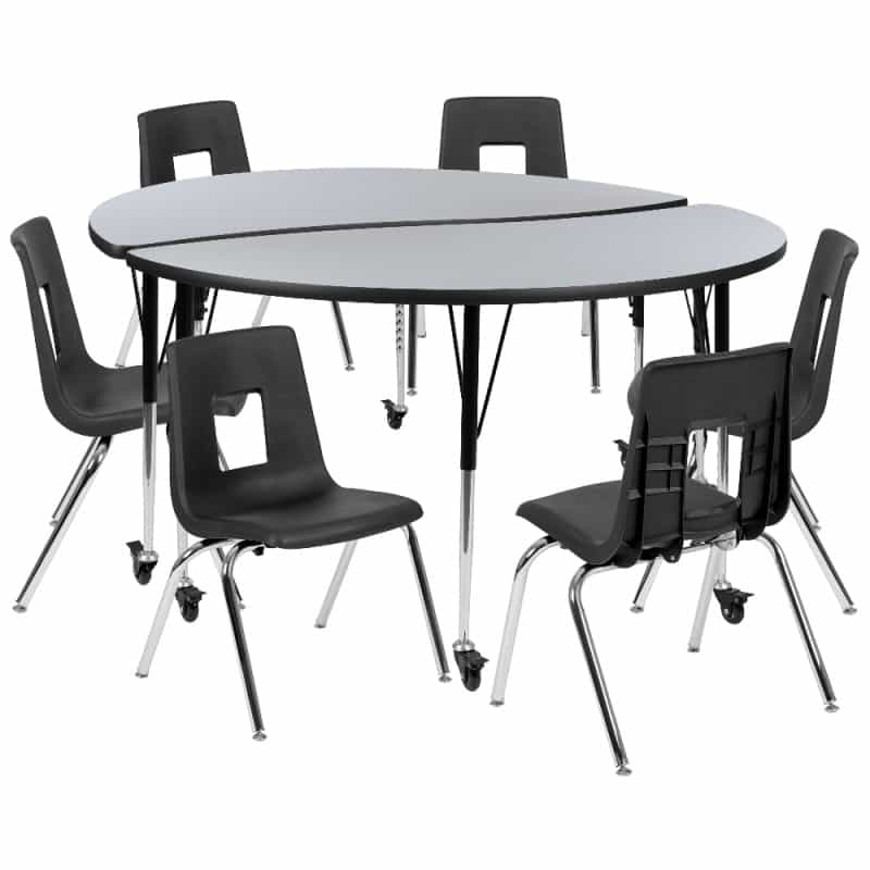 Emmy Mobile 60" Circle Wave Flexible Laminate Activity Table Set With 18" Student Stack Chairs, Grey/Black