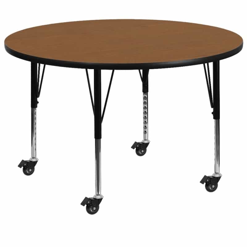 Wren Mobile 60'' Round Oak Thermal Laminate Activity Table - Height Adjustable Short Legs