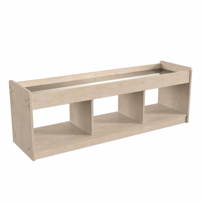 Bright Beginnings Commercial Grade Modular Wooden Classroom 2 Sided, 3Section, Open Storage Unit With Mirrored Top And Raised Upper Edges?, Natural