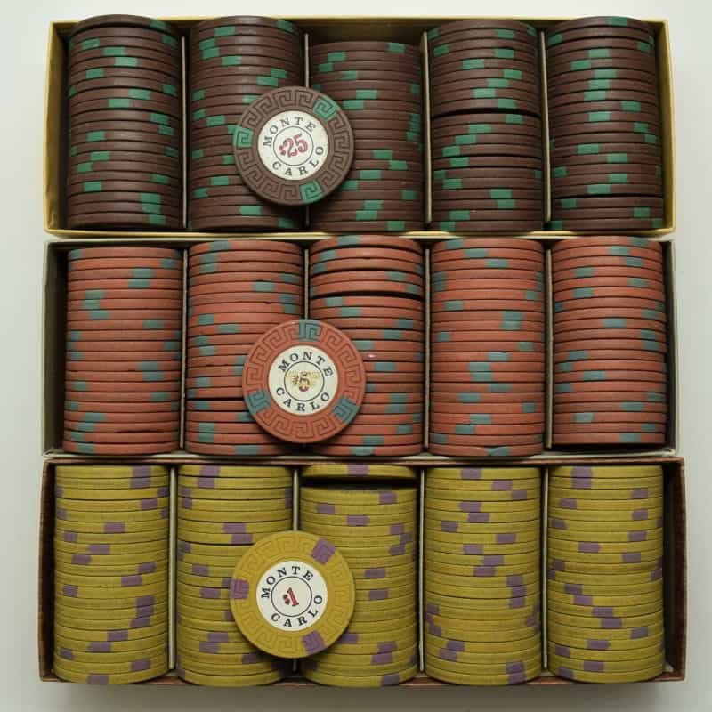 Set Of 300 Circulated Monte Carlo $1-$5-$25 Casino Chips Reno Nevada 1970s