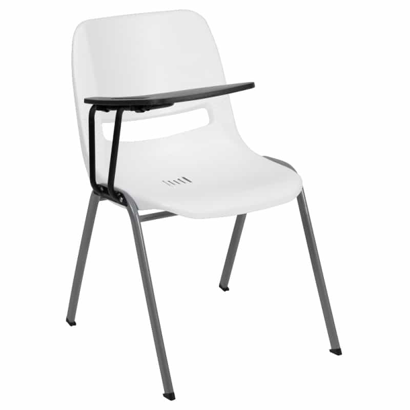 Hercules White Ergonomic Shell Chair With Right Handed Flip-Up Tablet Arm