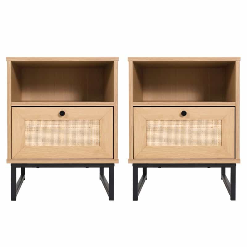 Malaki Set Of 2 Mid-Century Modern Nightstands Or End Tables With Rattan Accented Drawers, Open Upper Shelves, And Metal Legs In Natural