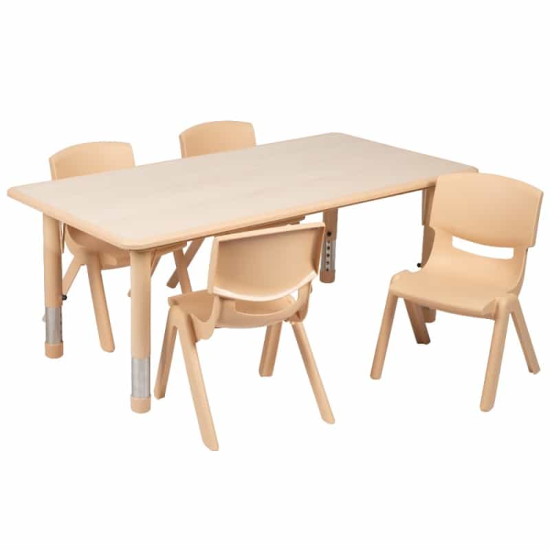 Emmy 23.625"W X 47.25"L Rectangular Natural Plastic Height Adjustable Activity Table Set With 4 Chairs