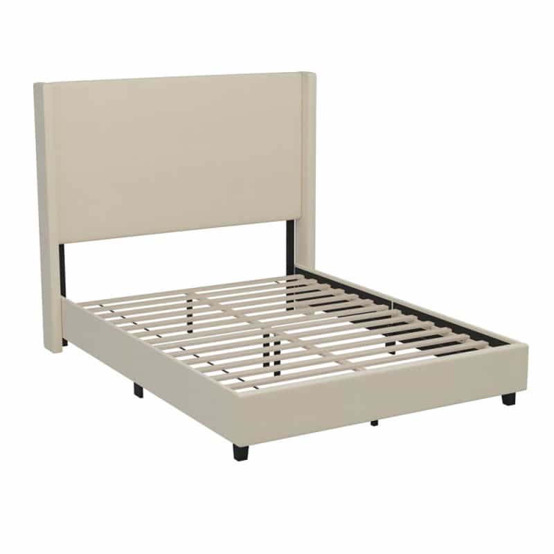 Quinn Queen Upholstered Platform Bed With Channel Stitched Wingback Headboard, Mattress Foundation With Slatted Supports, No Box Spring Needed, Beige