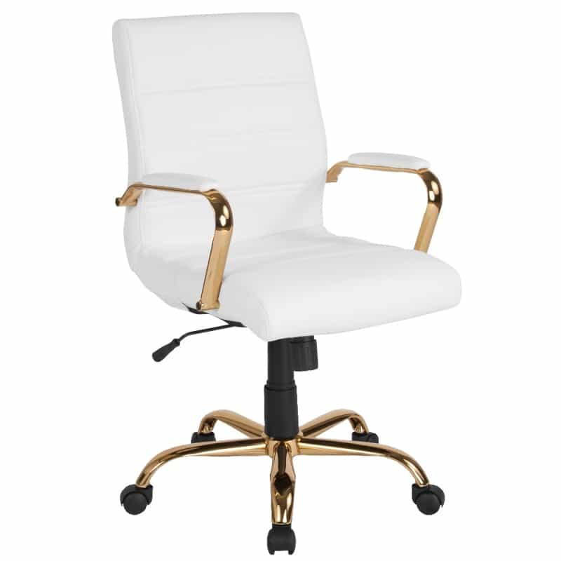 Whitney Mid-Back White Leathersoft Executive Swivel Office Chair With Gold Frame And Arms