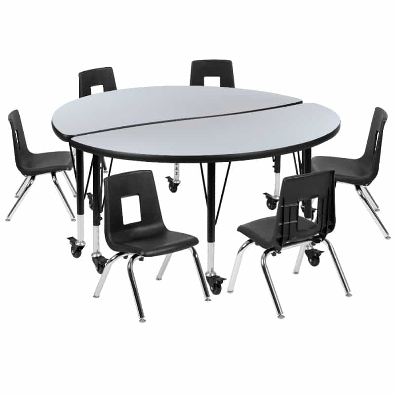 Emmy Mobile 47.5" Circle Wave Flexible Laminate Activity Table Set With 12" Student Stack Chairs, Grey/Black