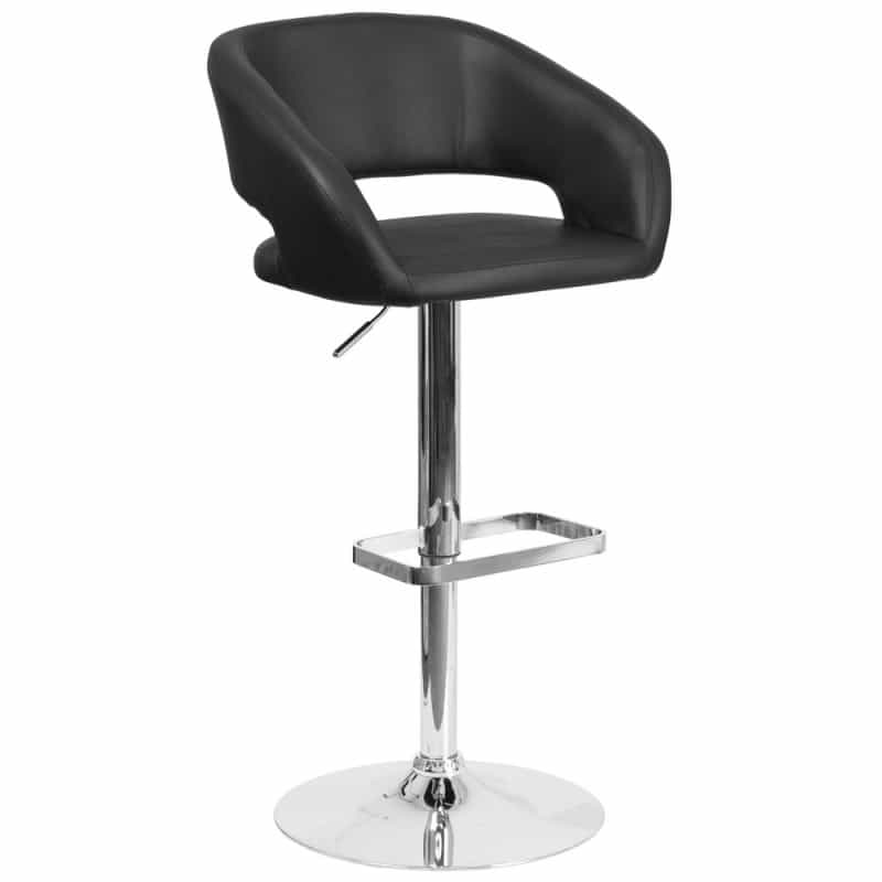 Erik Contemporary Black Vinyl Adjustable Height Barstool With Rounded Mid-Back And Chrome Base