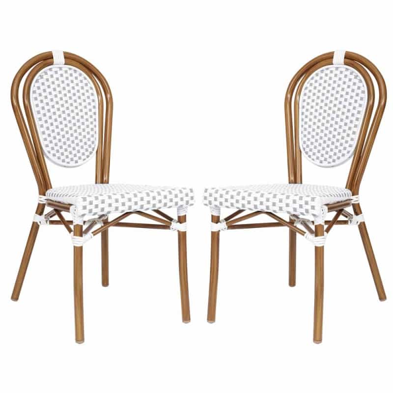 2 Pack Lourdes Indoor/Outdoor Commercial Thonet Bistro Stacking Chair, White And Gray Pe Rattan And Bamboo Print Aluminum Frame In Natural