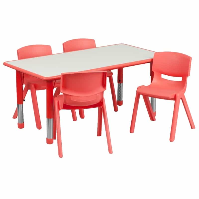 Emmy 23.625''W X 47.25''L Rectangular Red Plastic Height Adjustable Activity Table Set With 4 Chairs