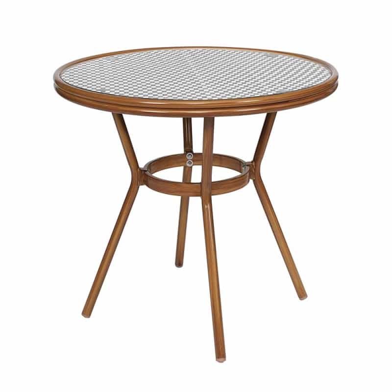 Lourdes Indoor/Outdoor Commercial Bistro 31.5" Table, Black And White Pe Rattan, Glass Top, Bamboo Print Aluminum Frame In Natural