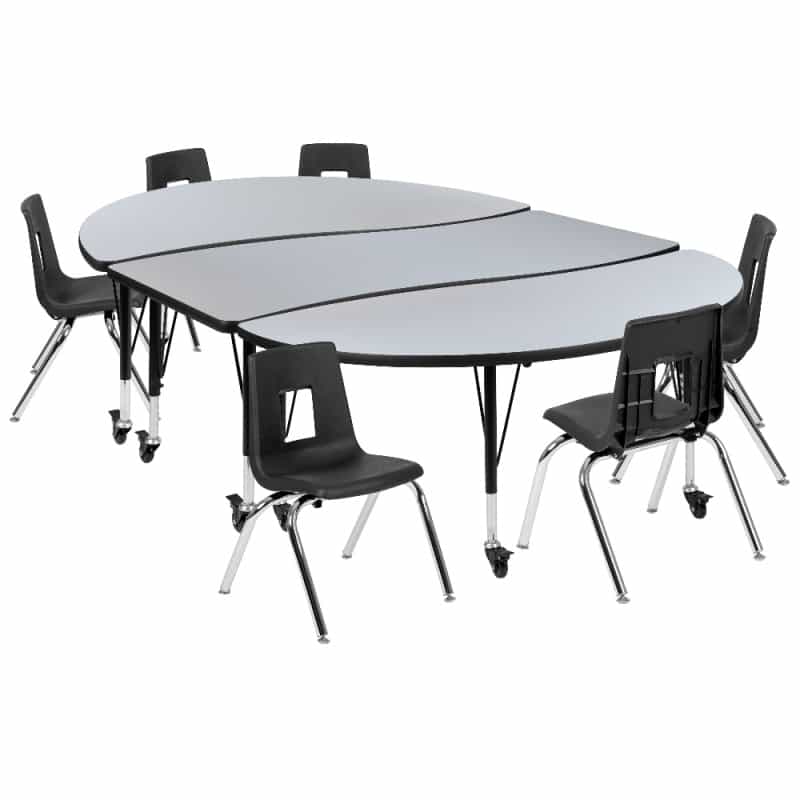 Emmy Mobile 86" Oval Wave Flexible Laminate Activity Table Set With 14" Student Stack Chairs, Grey/Black